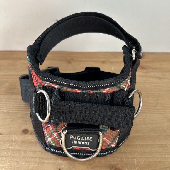 Pug Life Harness Red/Green Tartan Plaid Adjustable 3-Point Dog Harness Sz S - Picture 1 of 6